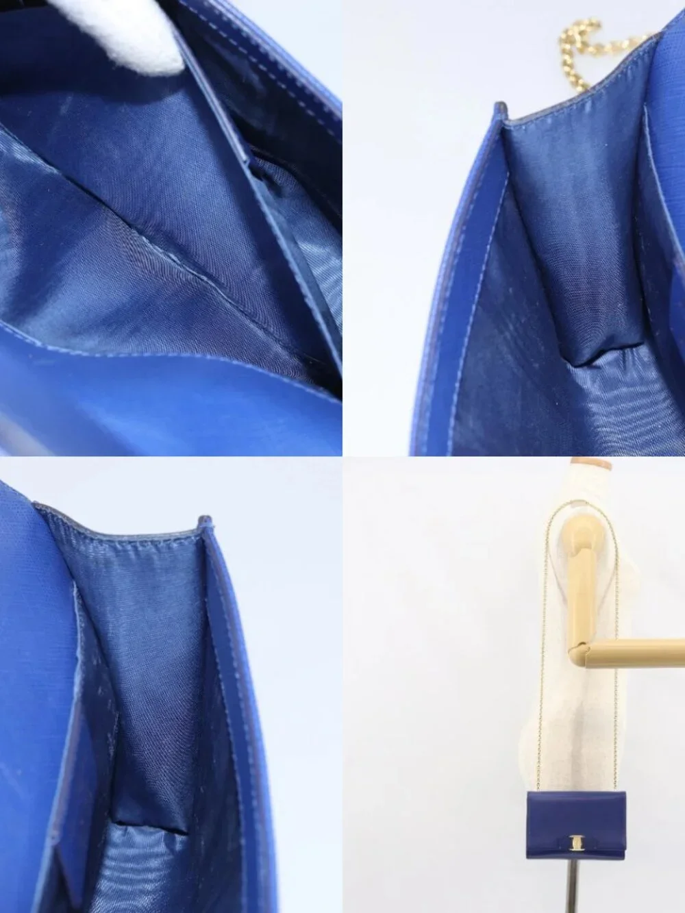 Salvatore Ferragamo Vala Chain Shoulder Bag Leather Blue Gold Auth 161081